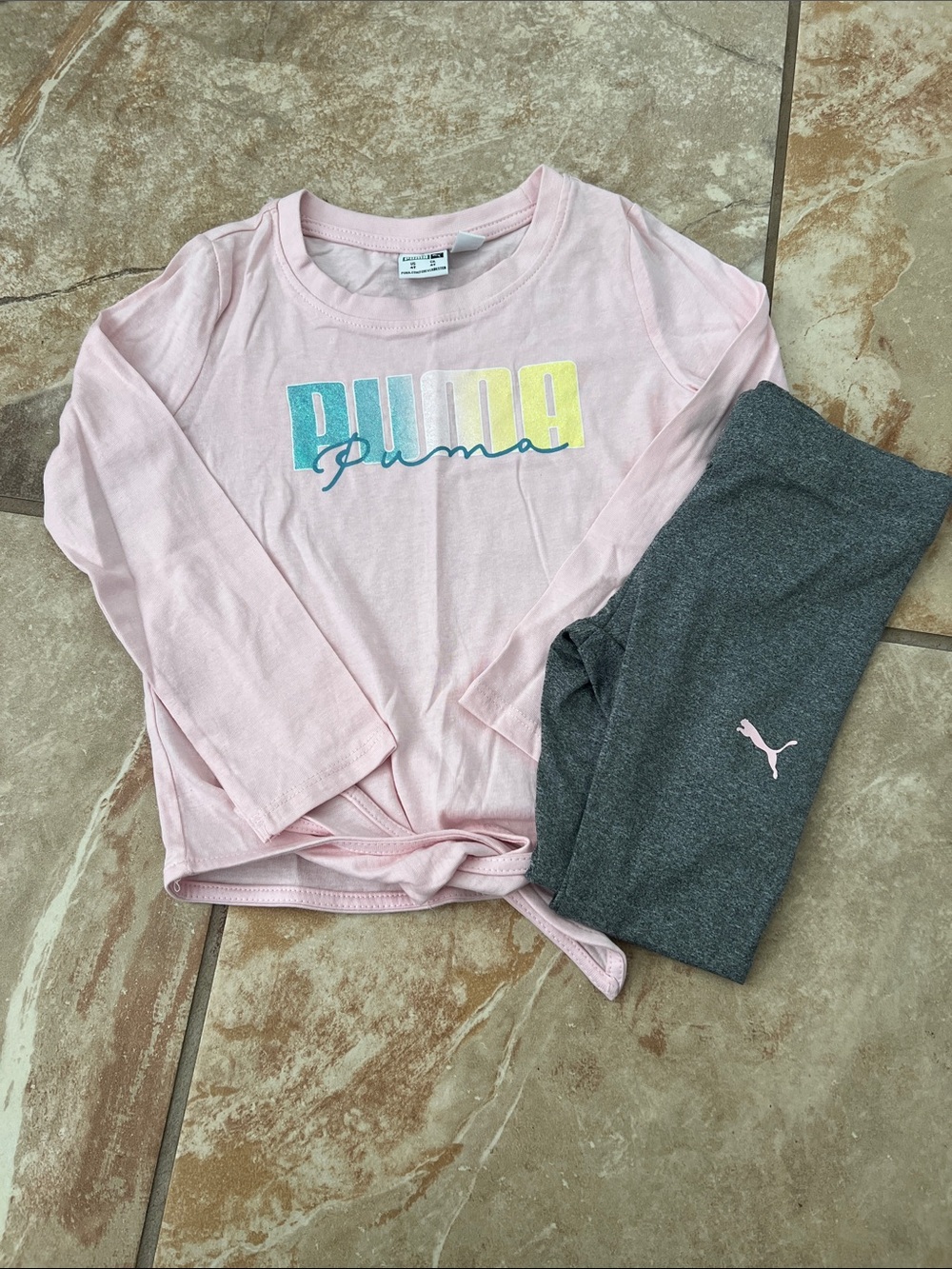 Puma Pink Long-Sleeve Top with Charcoal Gray Leggings Set
